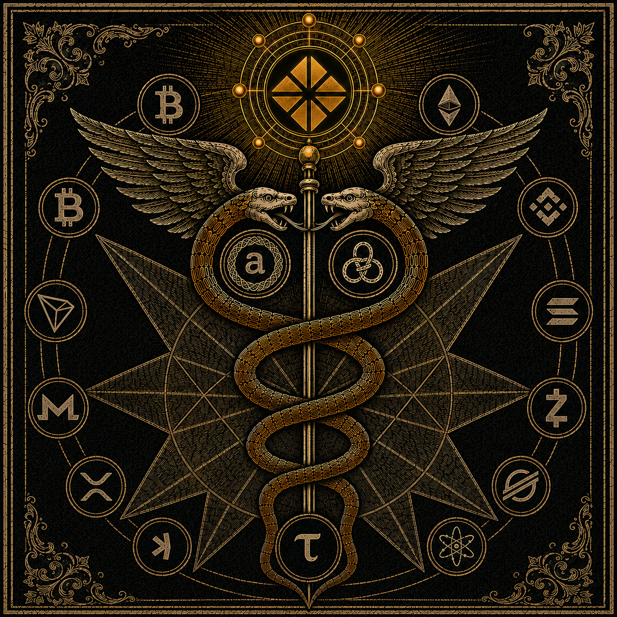 Caduceus mark — alchemical illustration of a winged caduceus with Arweave and Ouronet as twin pillars on the upper coil, a 12-point burst star behind, and thirteen foreign-chain logos arranged in seven tier levels around the star